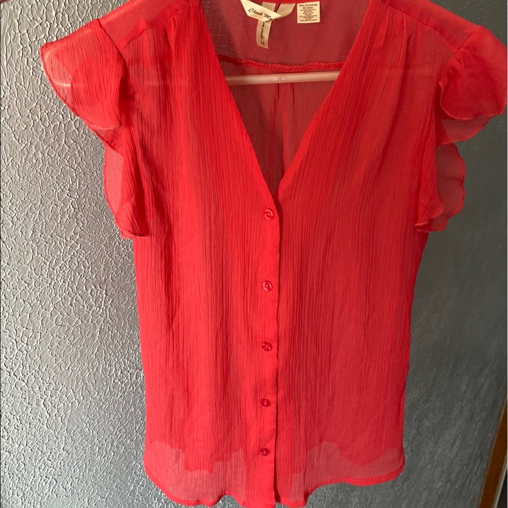 sheer red button down shirt